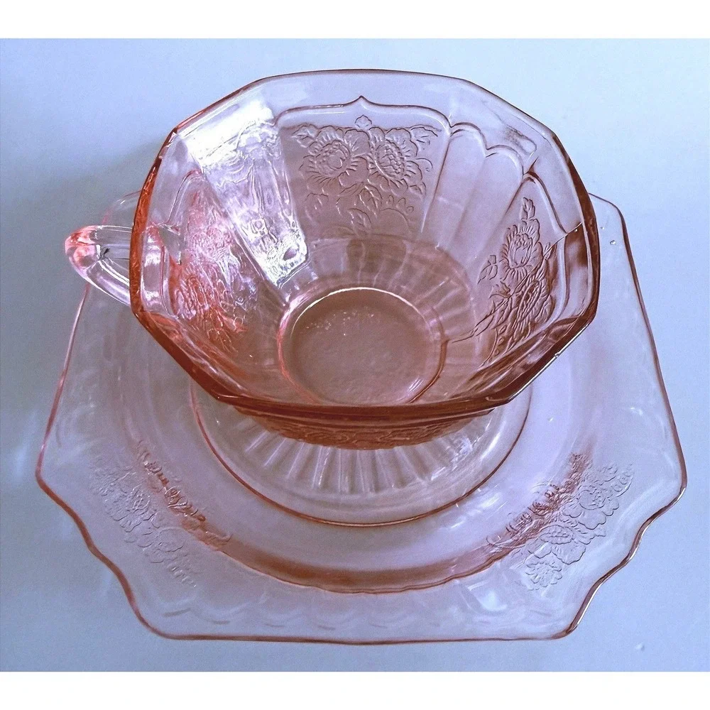 Anchor Hocking Mayfair Open Rose Cup, 2 Saucers Pink Depression Glass 1930s
